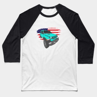 Jeep Wrangler with American Flag - Ocean Blue Baseball T-Shirt